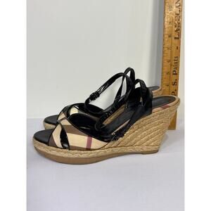 Burberry Black Nova Check Patent Ankle Strap Espadrille Wedge Sandal